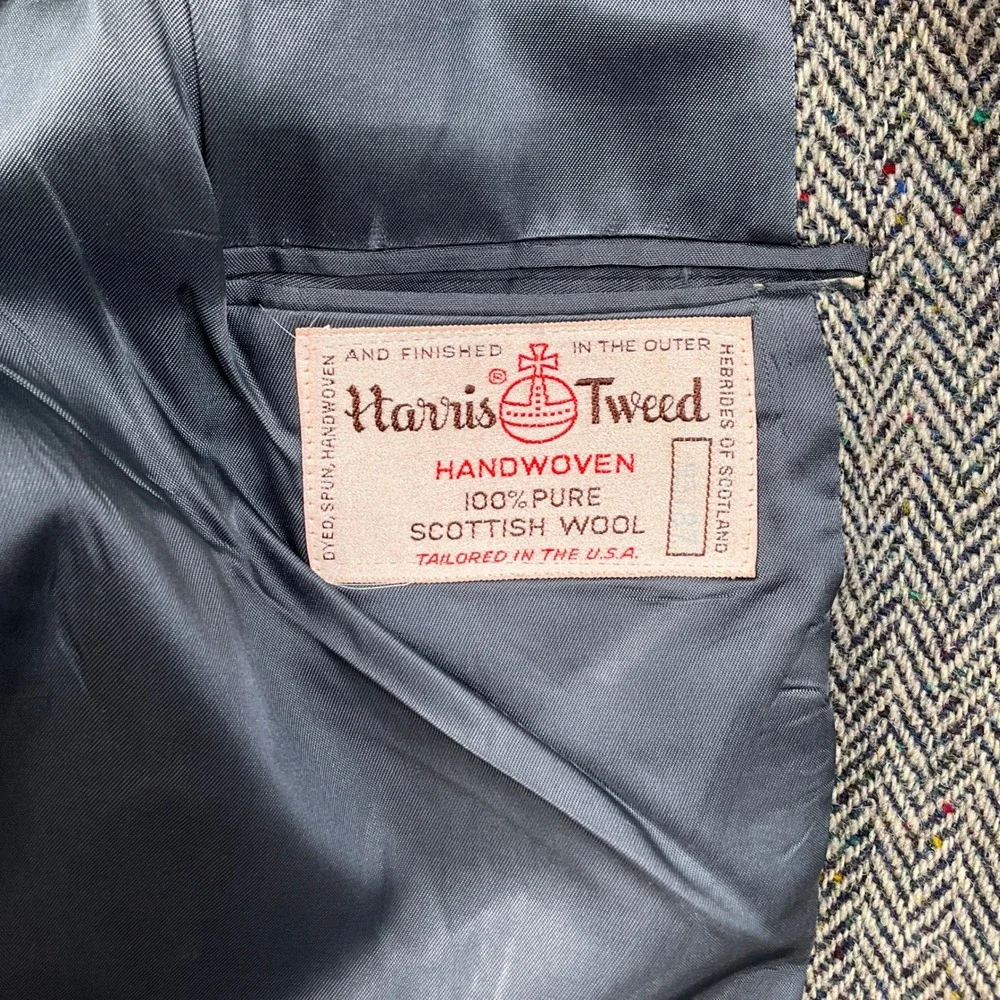Harris Tweed Blazer Men 46R Blue Multi Herringbone Multi Tweed Scottish Wool VTG